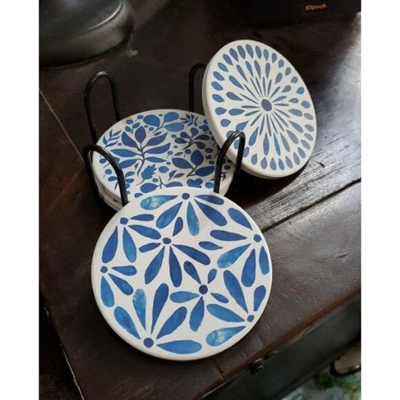 Set of 6 Coasters with Holder for Drinks Absorbing Round Ceramic Stone Coaster - Picture 1 of 1